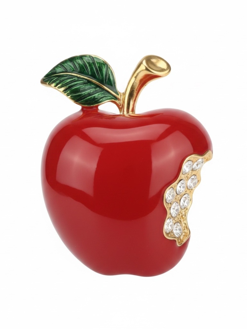 Red Apple Accent Brooch with Green Leaf and Crystal Bite -